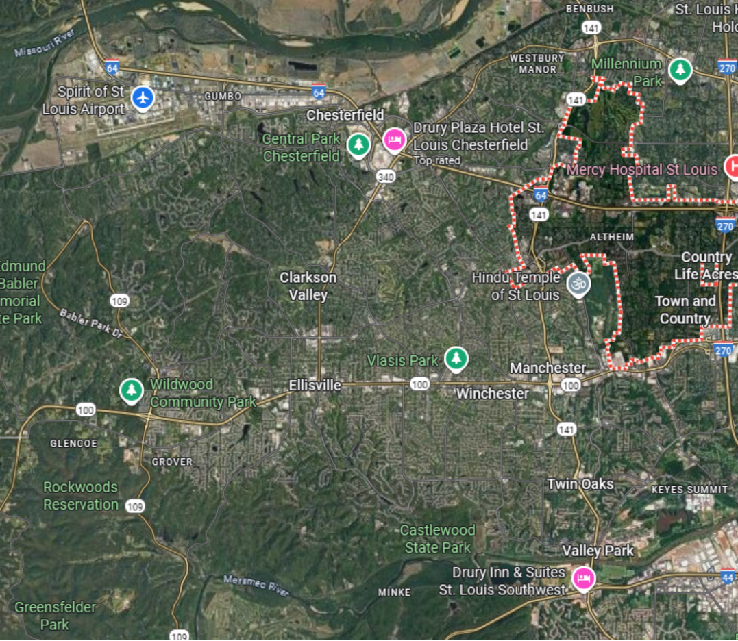 Google images map showing the towns of Chesterfield, MO, Ellisville and Manchester, all of which are serviced by Tech Inspect Home Services LLC.