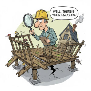 Cartoon of a Home Inspector reviewing a deck in poor condition.