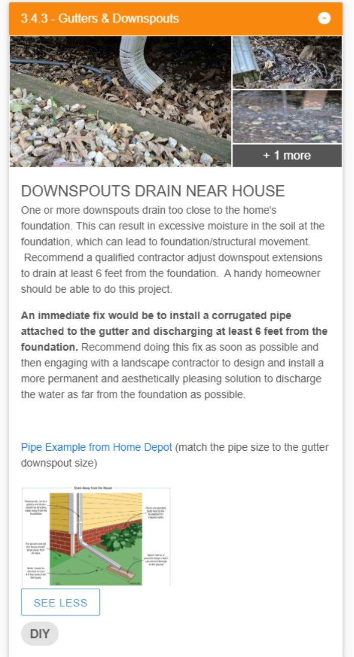Example of a Gutter issue, narrative and diagram from a Tech Inspect Home Services inspection report.