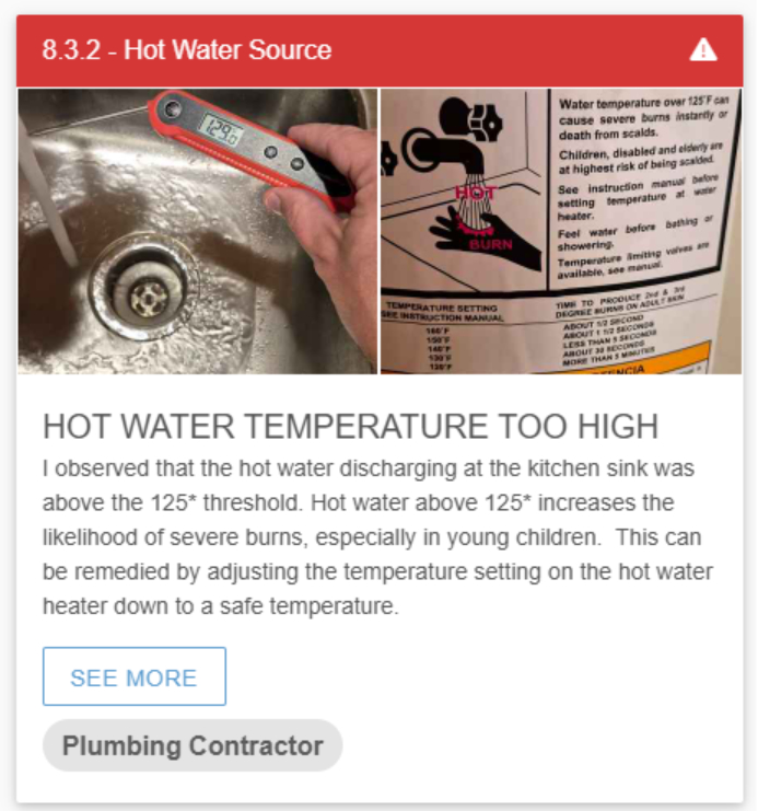 Example of a Hot Water Issue from a Tech Inspect Home Services Inspection Report.