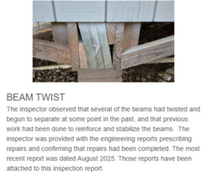 Example of a structural  issue highlighted in a Tech Inspect Home Services Inspection Report.